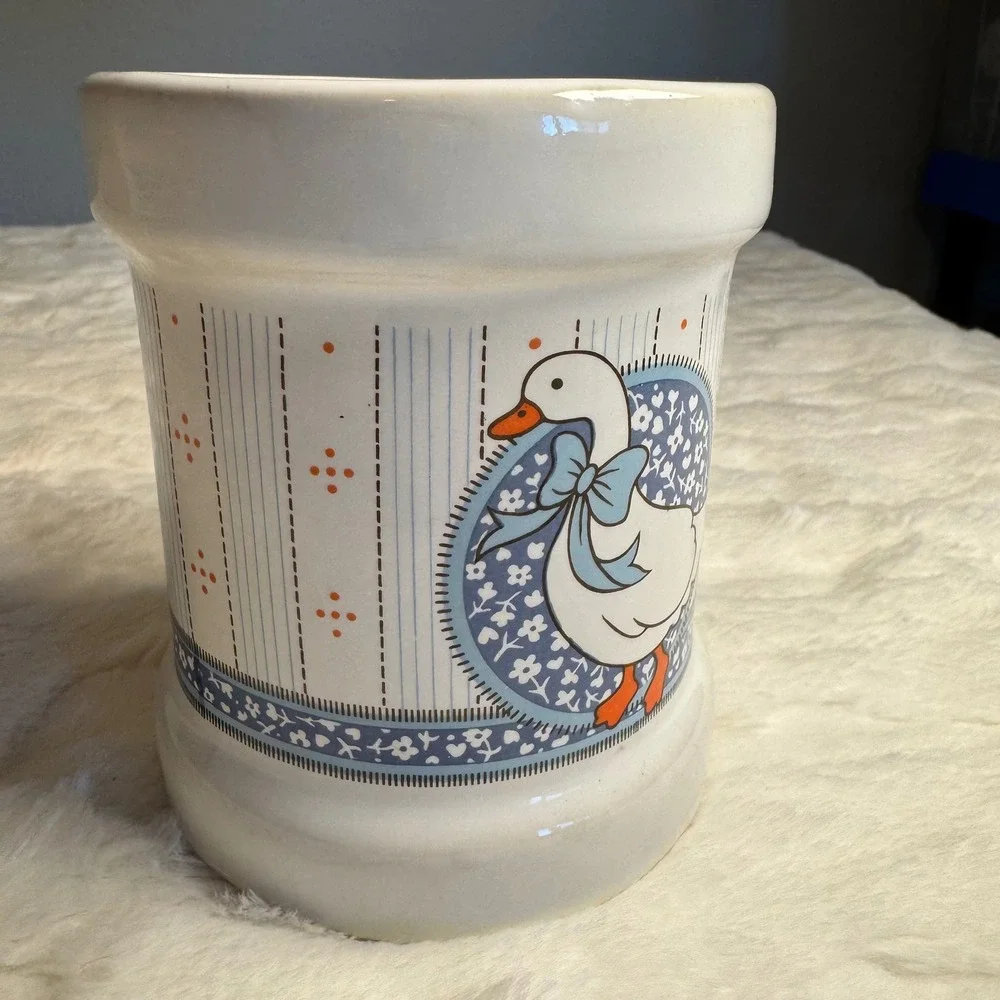 Vintage Country Goose Ceramic Utensil Holder Crock Blue White Farmhouse 16oz